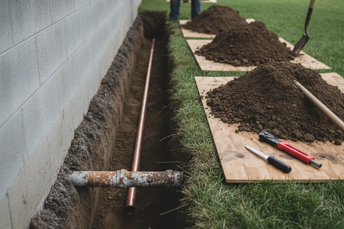 Excavated water line trench during Water Heater Repair in Lampasas